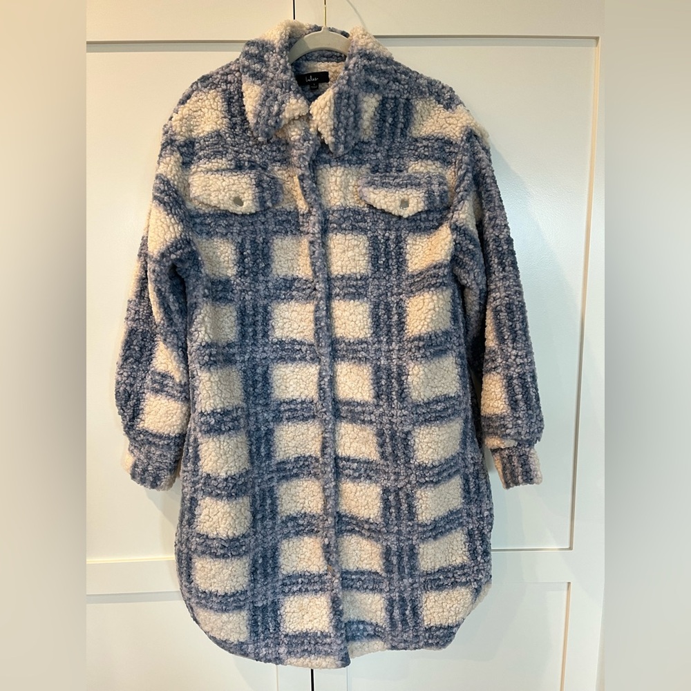 Lulus Winter Winds Blue Plaid Teddy Shearling Jacket Small - Picture 4 of 11